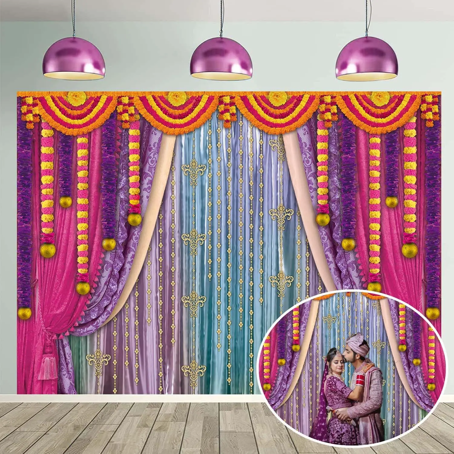 Indian Traditional Backdrop Hindu Boho Curtain Marigold Indian Deepavali Diwali Photo Background Festival of Lights Party Decoration Supplies, Lightweight, Print