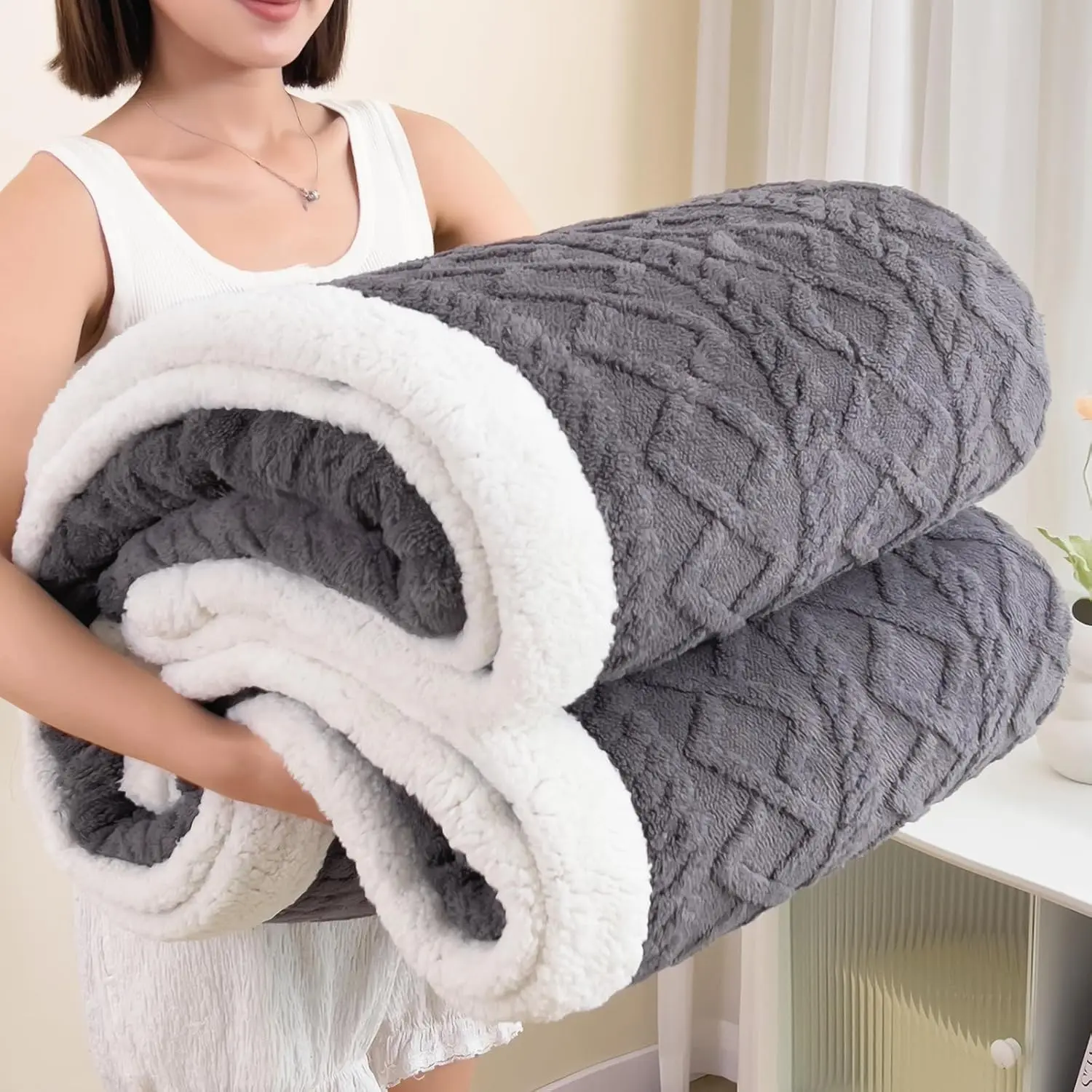 Sherpa Blanket for Bed - Fleece Soft Cozy Fuzzy Blankets Thick Warm for Winter and All Seasons(Dark Gray,Full(80"x90"))