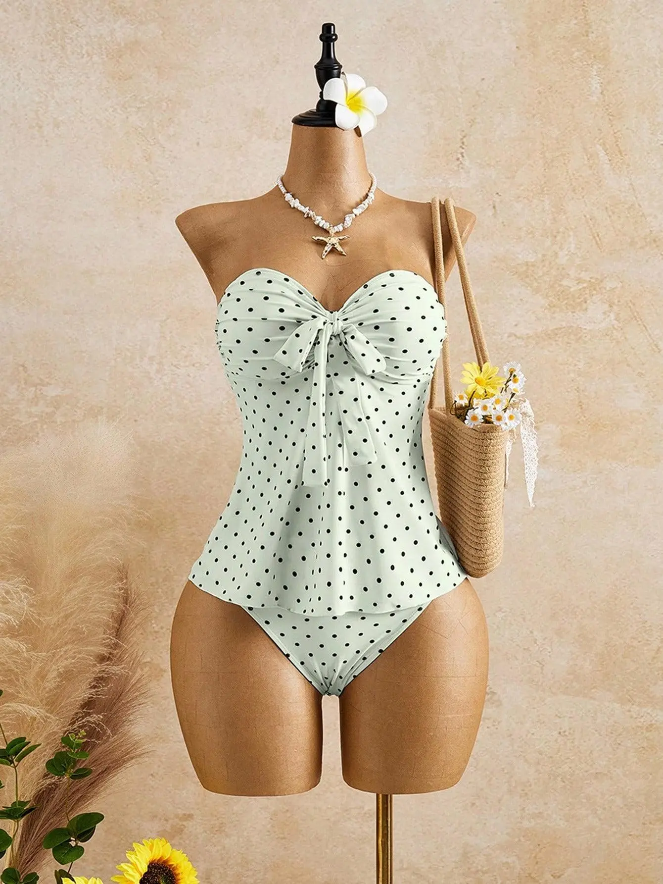 VYNCE Bandeau tankini set polka dot knotted front strapless beach vacation summer