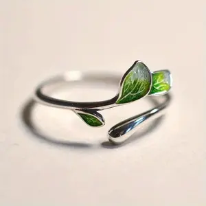 1pc Green Leaf Ring - Color Accent Design, Adjustable Wraparound Mini Jewelry Ring for Teenagers, Perfect for Everyday Wear, Leaf Ring Rings, Wraparound Rings