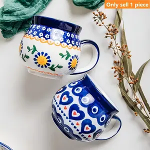 400ML Ceramic Cup, Hand-Painted Blue Floral Heart Design, Handle Included, Ideal for Latte, Juice, Smoothies, Wedding Gift