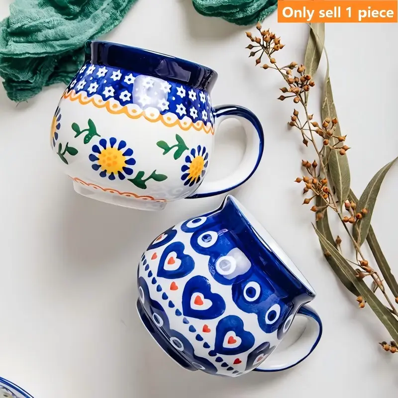 400ML Ceramic Cup Mug, Hand-Painted Blue Floral Heart Design, Handle Included, Ideal for Latte, Juice, Smoothies, Wedding Gift