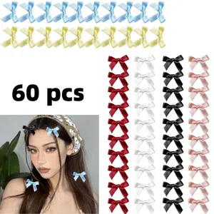 60 pieces set of mini bow hair clips, Y2K hair accessories with satin ribbon bows, girls' braided alligator clips, for daily use at stage weddings and parties