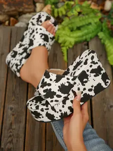 Women's Leopard Print Cow Pattern Lace-Up Sandals, Ultra-High Waterproof Platform, Nightclub Party Atmosphere Shoes, Casual Textile Upper