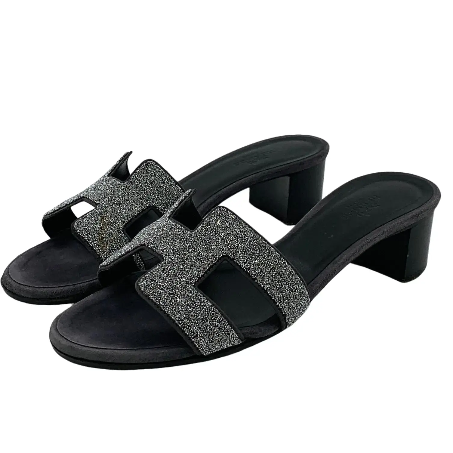 RDLT-Hermes size 35.5 black crystal shimmer block heel high‑heel oasis sandals-J28063