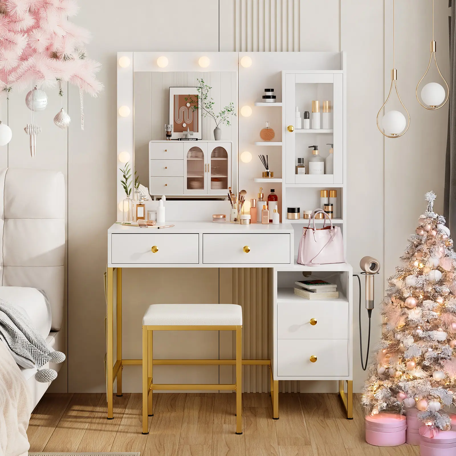 Summervibes LHBcarft Adjustable LED Lights Vanity Desk, Makeup Vanity with Mirror and Charging Station, New Vanity, Dressing Table