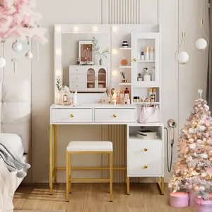 LHBcarft Adjustable LED Lights Vanity Desk, Makeup Vanity with Mirror and Charging Station, New Vanity, Dressing Table