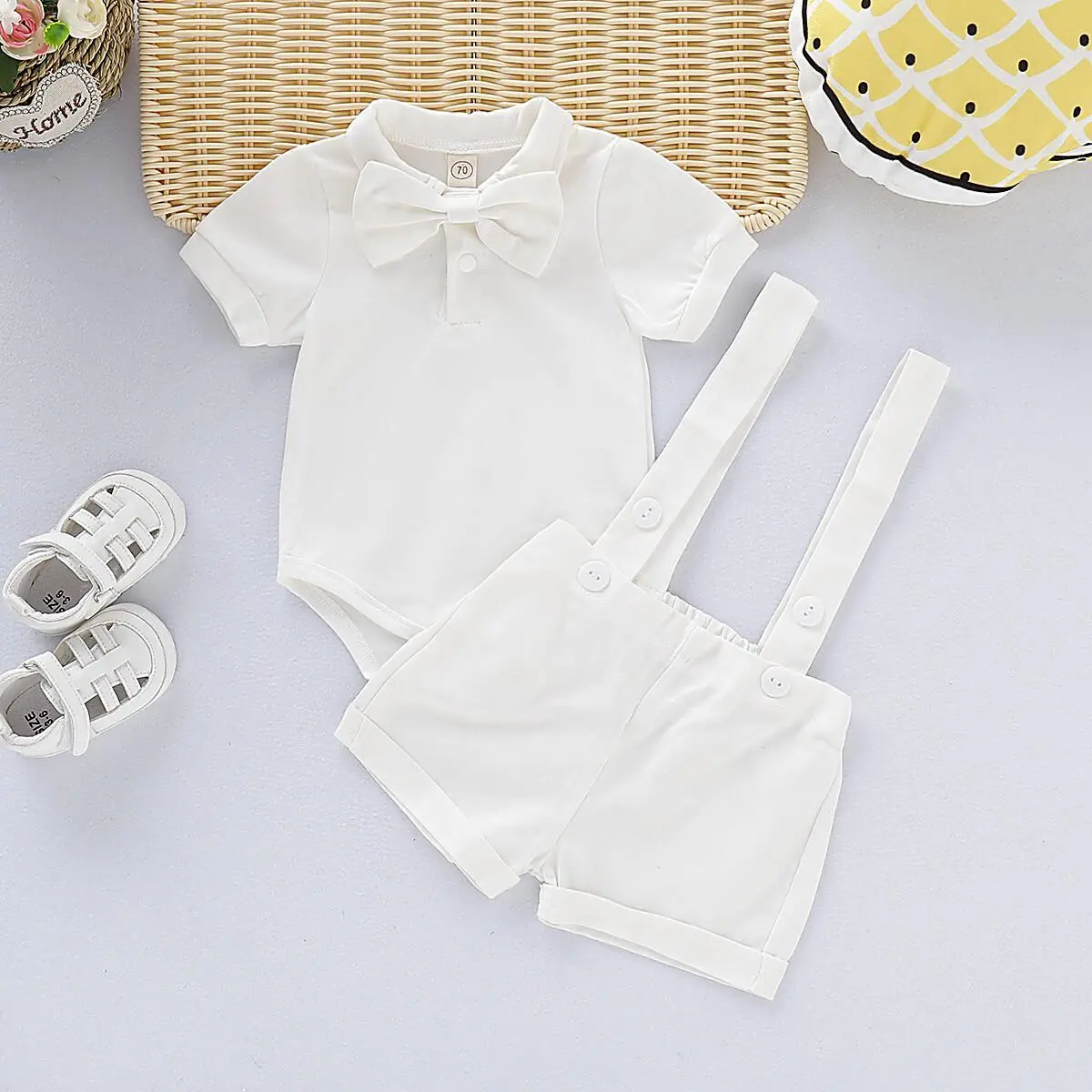 Ready Stock Christening Newborn Baby Boys Clothes Baby Boys 2PCS Baptism Outfits Short Sleeve Lapel Romper Tops Overall Shorts Gentle Set White Christian baby baptism dress 190390-1 toddler