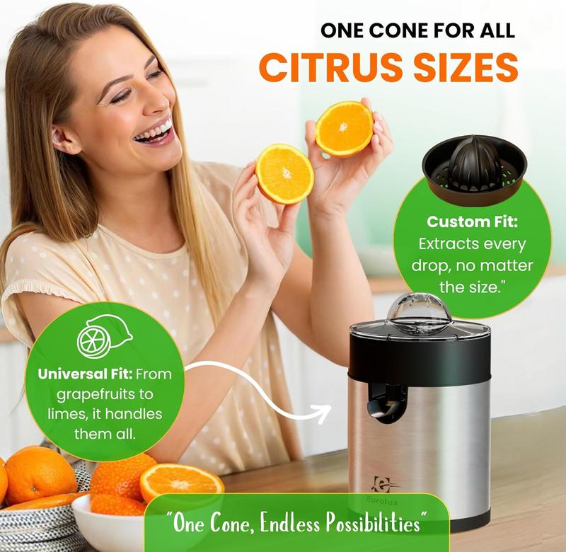 Eurolux Electric Citrus Juicer - Powerful Motor, Anti-Drip System, Dishwasher Safe Parts, Stainless Steel Housing, Automatic Start/Stop, for Orange, Grapefuit, Lemon, Lime,