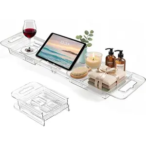 Expandable Clear Foldable Bathtub Tray Caddy for Tub Bath Relaxing, Bathtub Bathroom Accessories Ideal Gift for Women Anniversary Wedding New Home