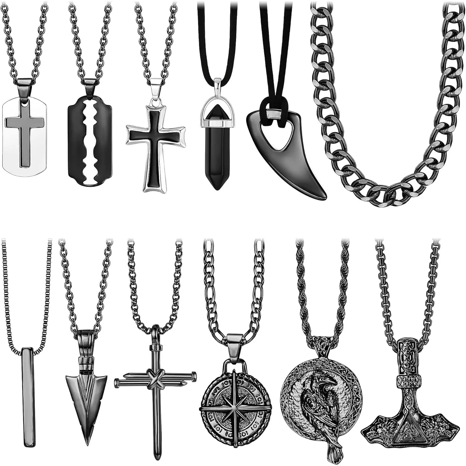 12 Pcs Viking Necklace for Men Cross Raven Necklace Cuban Link Chain Necklace Mjolnir Amulet Pendant Necklace with Spearpoint Arrowhead Necklace Norse Viking Jewelry