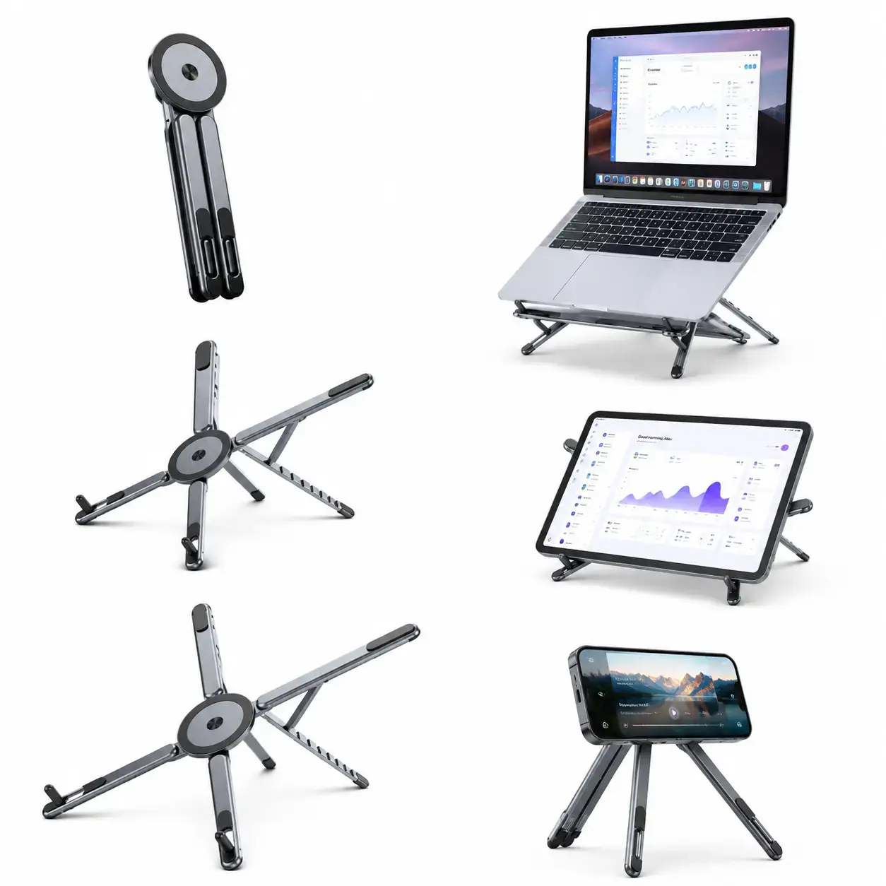 Portable Laptop Stand for Desk, Foldable Adjustable Computer Riser with Magnetic Phone Holder, Aluminum Laptop Stand for 10–16” Laptops & 4–13” Phones/Tablets Alloy Durable