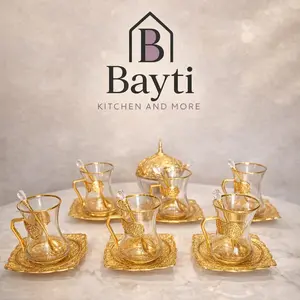 Bayti Turkish Arabic Tea Glasses Set of 6 Vintage Gold Plated Elegant Design for Teatime New Home Wedding Gift