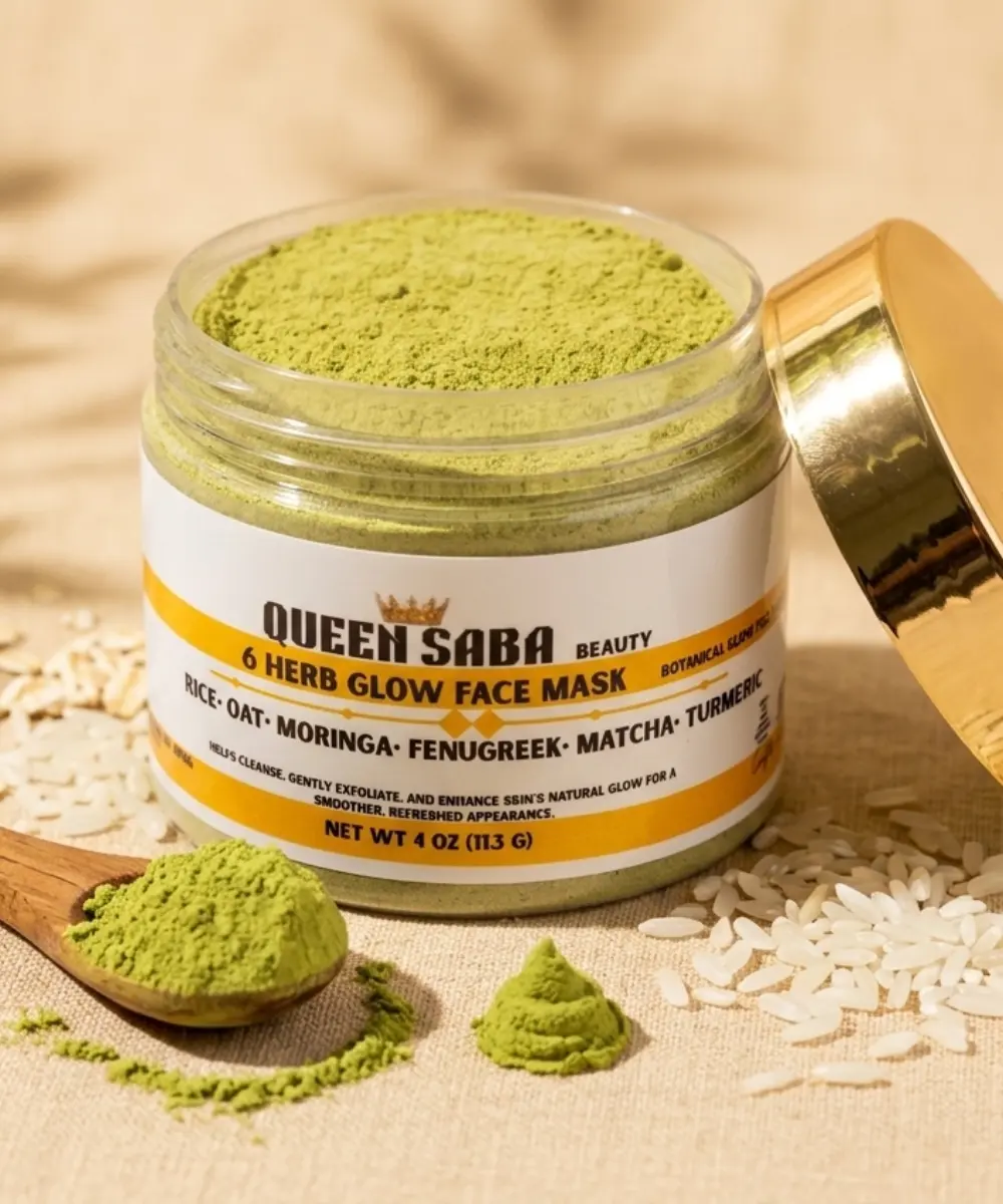 Queen Saba Beauty 6 Herb Botanical Powder Face Mask – Rice, Oat, Moringa, Fenugreek, Matcha & Turmeric