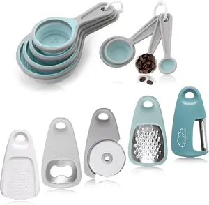 Kitchen Gadgets Set 13 Piece, Space Saving Cooking Tools Includes Cheese Grater, Pizza Cutter, Peeler, Bottle Opener, Garlic Grinder, Collapsible Measuring Cups Spoons for Small Kitchen RV Camp