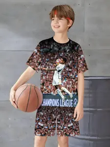 Boys Real Madrid Champions League Set, Vinicius Jr. Iconic Trap Print Kids T-Shirt & Shorts 2-Piece Outfit