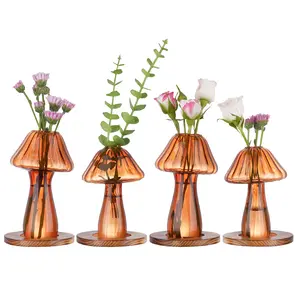 NiHome Mushroom Glass Planter with Wooden Base Set of 4, Cute Indoor Greenery Plant Propagation Stations,High Borosilicate Glass Mushroom Gifts Vases for Flowers,Hydroponics & Home Decor