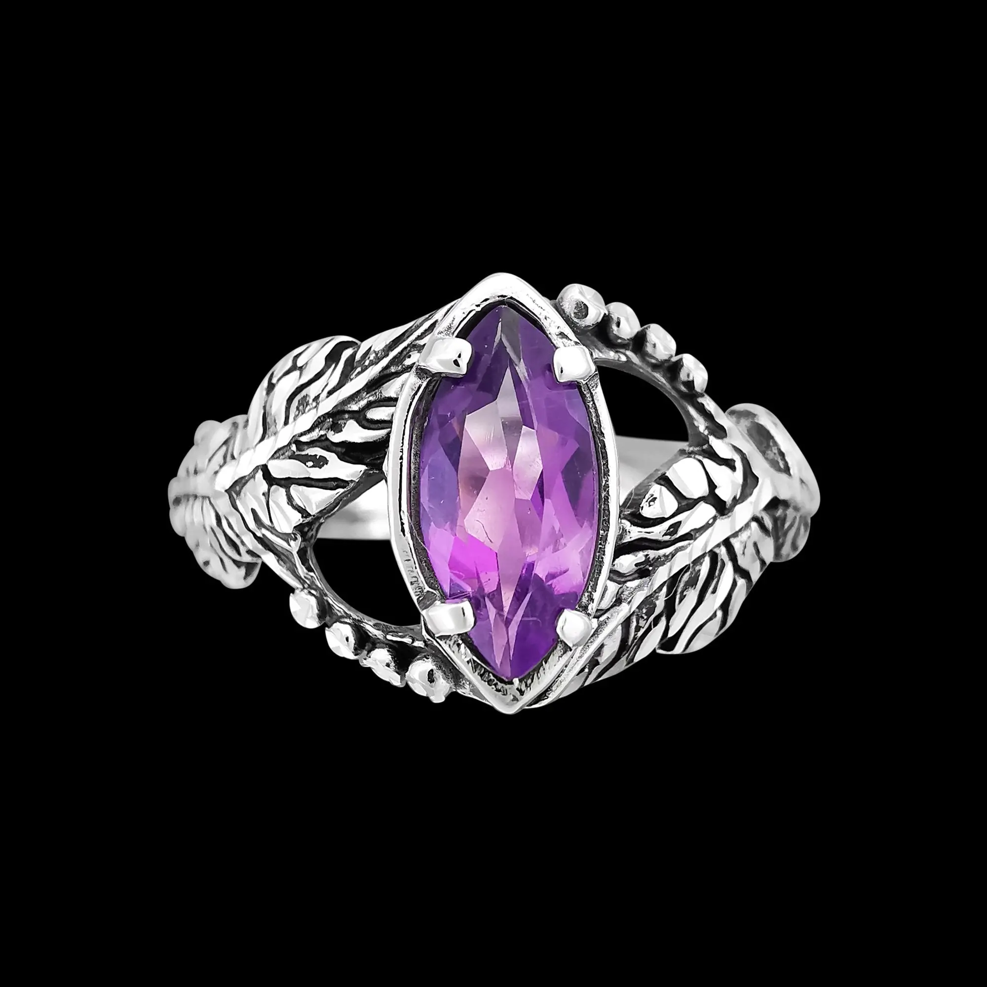 925 Sterling Silver Diamond Cut Marquise Amethyst Ring, Grapevine Design, Solitaire Birthstone Band, Handmade Gemstone Jewelry (6)