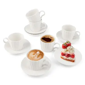 Thick Glossy Ceramic Material Espresso Cups & Saucers Set of 6 with Handles, 3.4oz Mug Set, White Ribbed for Turkish Coffee, Cappuccino, Latte, Birthday Drinkware