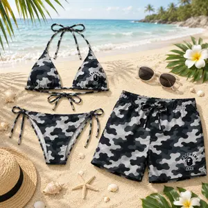 Black Camo Matching Couple Swimwear Set 2026, Viral Beach Vacation Bikini & Men’s Swim Shorts Outfit for Couples