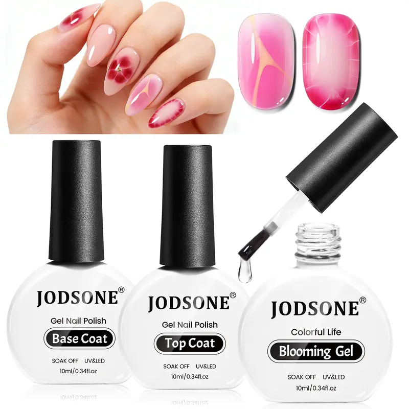 JODSONE 3pcs 10ml Base Top Coat & Blooming Gel Set No Wipe | UV Lamp Curing | Gradient Watercolor Nail Art Spreading Effects