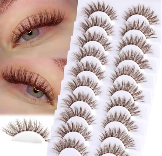 Brown Lashes Natural Look False Eyelashes Wispy Cat Eye Lashes C-Curly Dark Brown Fake Lashes 16mm Slightly Eyelashes Strip 10 Pairs Pack