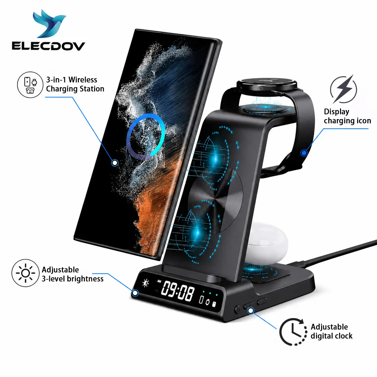 3-in-1 Portable Wireless Charger Accessories, Universal Compatibility for iPhone 17/16/15/14-8, Samsung Galaxy, Wearable Smart Watch & Wireless Earbuds, LED Display Digital Clock with 3-Level Brightness, Data Safety #IdealBackToSchoolGift-c01, 3-Way
