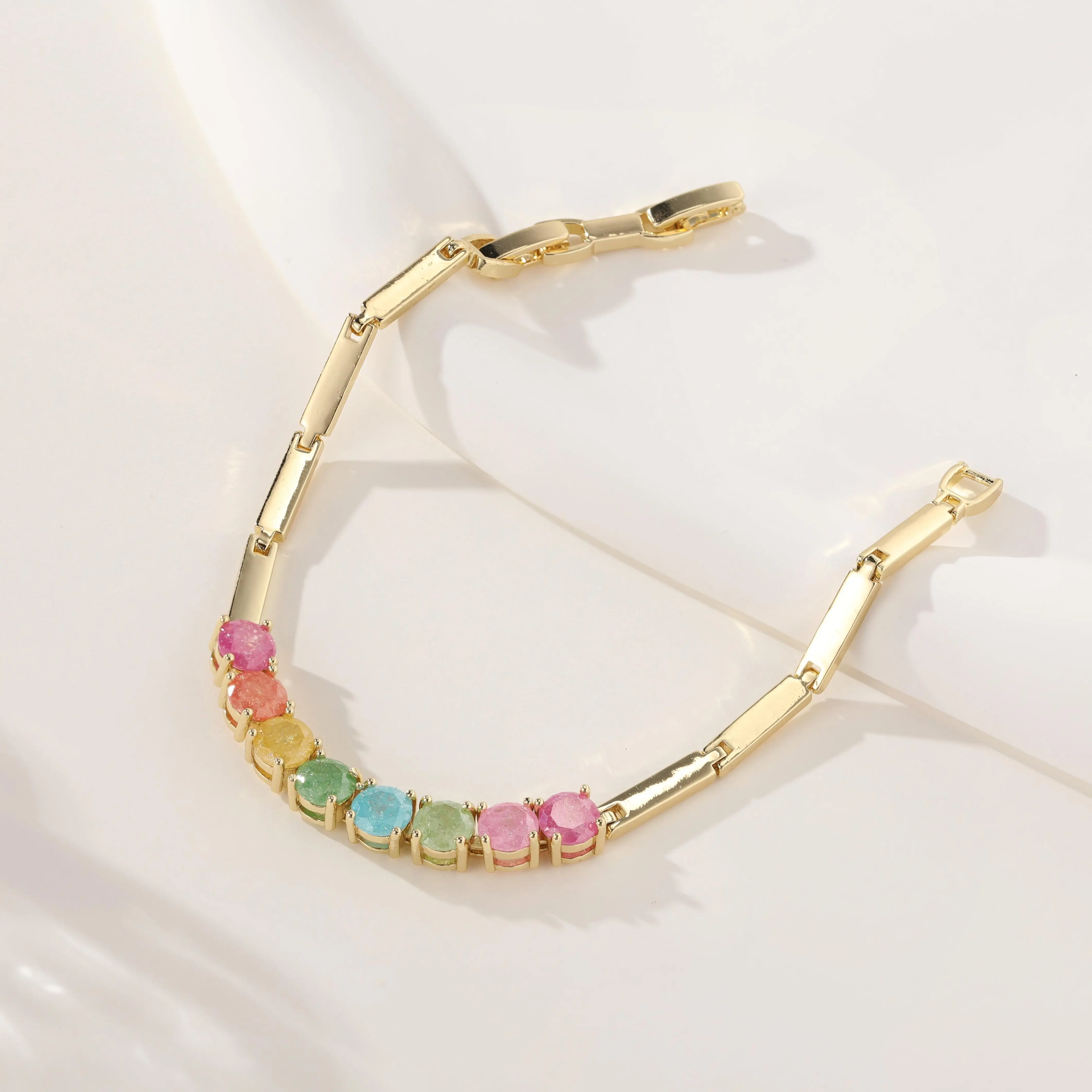 Gold Plated Rainbow Colorful Round Stone Tennis Bracelet for Women, Vibrant Multi‑Color Crystal Stackable Wrist Fashion Jewelry