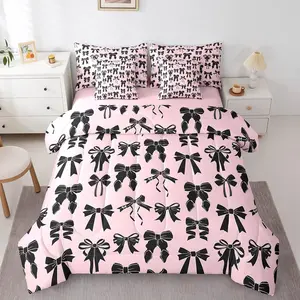 Watercolor Bow 7 Pieces Bedding Set,Pink Bow Print Bed in A Bag with Comforter,Sheets,Pillowcases for Teens Adults,Kawaii Bowknot Bed Set, Bedroom Bedding Set, Soft Bedding Set