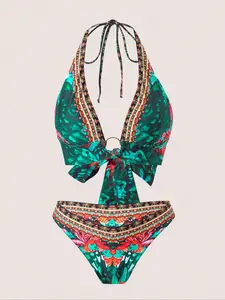 Women's Plants Print Bikini Set, Casual Tie Back Swim Bra & Swim Panty, Fashion Chic Ladies Bathing Suit for Beach Holiday Vacation, Bikinis Set