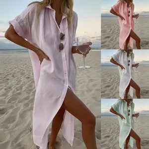2025 Women's Fashion INS Style Solid Color Casual Long Sleeve Mid-Length Cotton Linen Shirt Dress