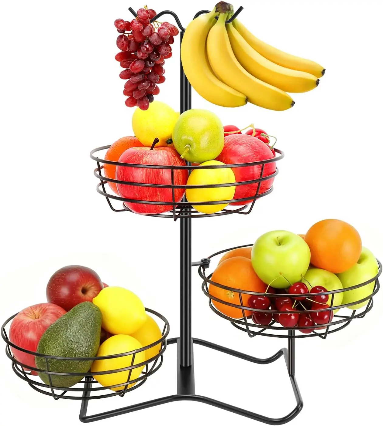 3-Tier Fruit Basket with 2 Banana Hooks, Metal Standing Vegetable and Fruit Storage Organizer for Kitchen Countertops, Large-Capacity Holder for Bread, Snacks, and Produce, Black
