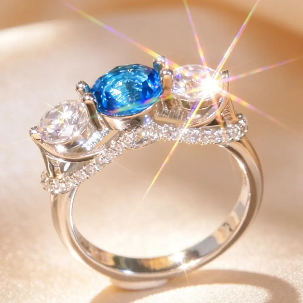 Sparkling 3 Stone Blue Topaz Ring Side Full Zircon Luxury Promise Wedding Ring Perfect Holiday Gift For Her Daily Party Wear Engagement Promise Wedding Band Luxury Cocktail Statement Jewelry Gift For Women Wife Girlfriend Birthday Anniversary Valentine