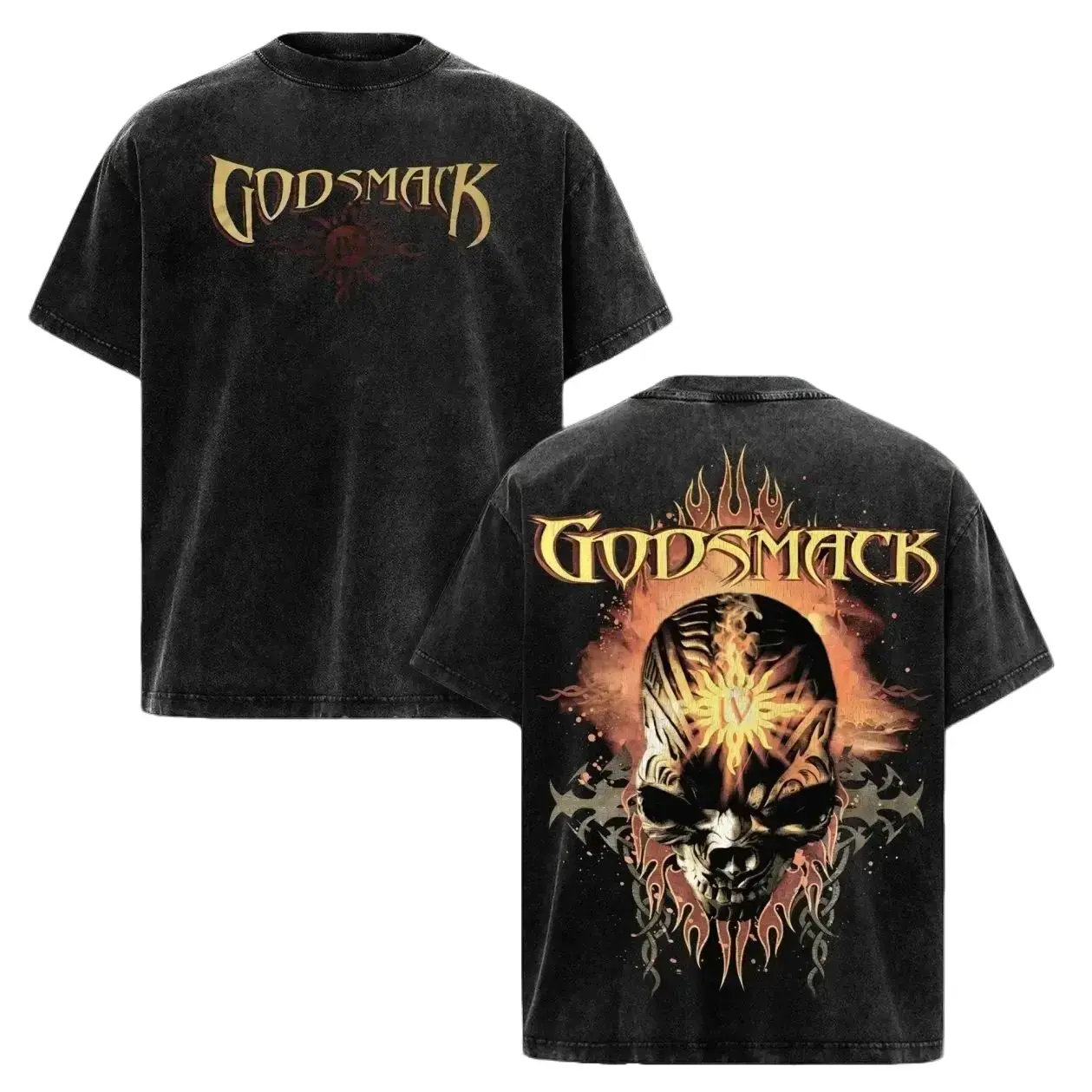 Godsmack IV Vintage Washed Graphic T-Shirt - Heavy Metal Rock Band Tee, Retro Skull Print Oversized Streetwear, Unisex Alternative Music Merch