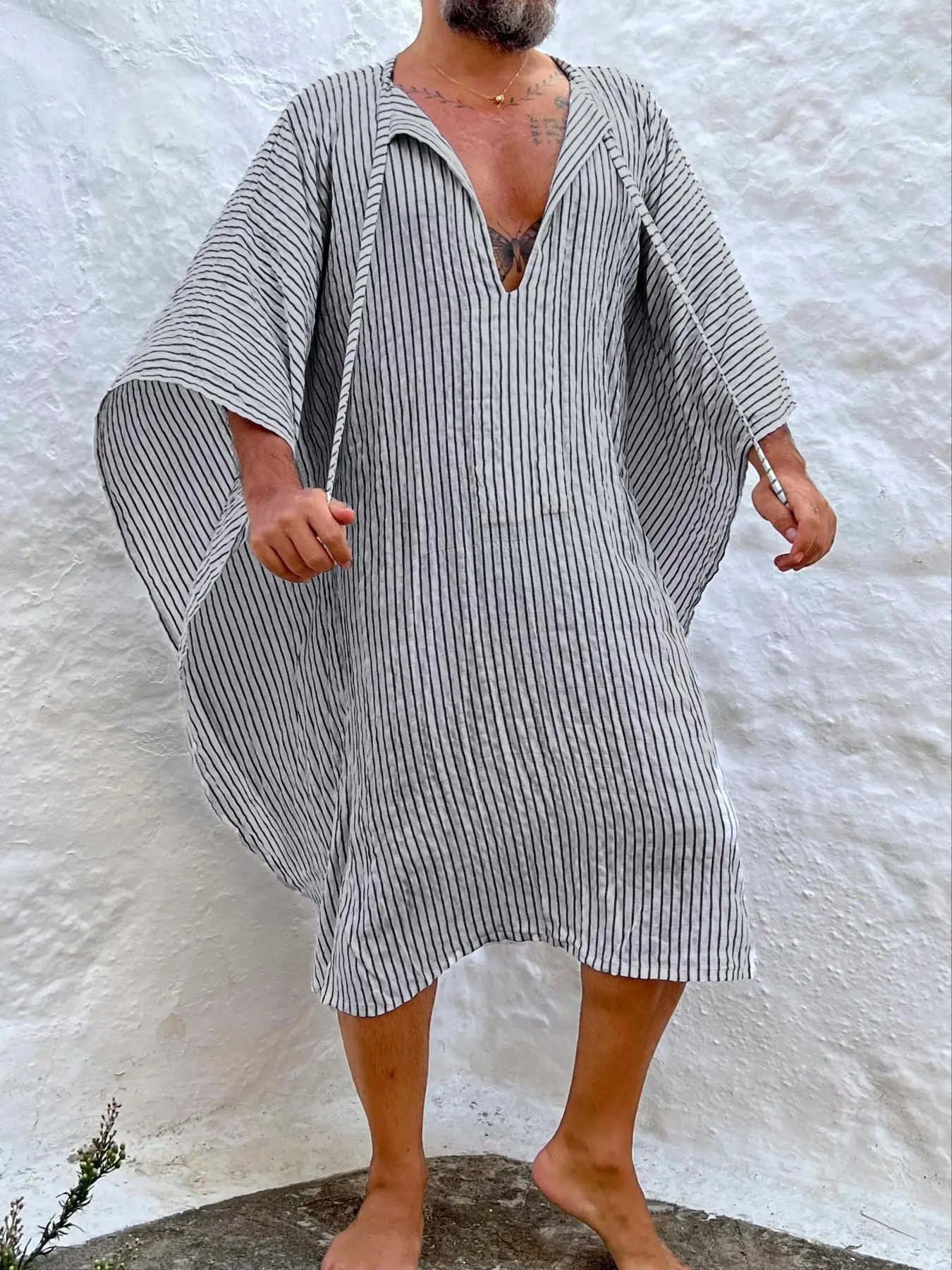 Men's Striped Print Tie Front Robe, Loose Casual Long Sleeve Robe, Nightwear, Men's Longsleeves Islamic Clothing for Spring & Fall