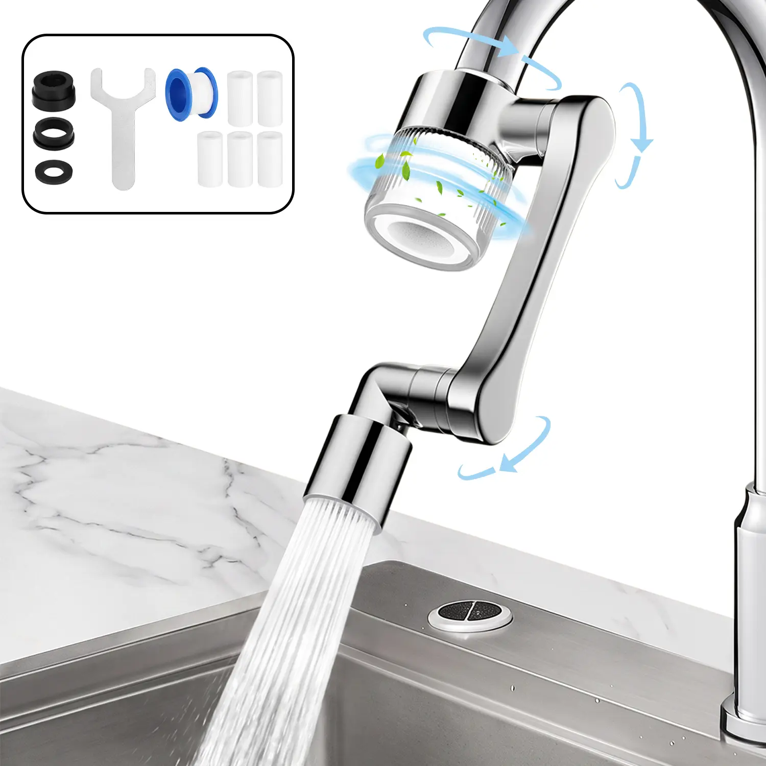 1440° Swivel Universal Rotator Faucet Extender Set Package - 2 Spray Modes Water Filtration Sink Aerator Attachment, 6 Filter Cartridges (1 Installed + 5 Replacement) for Indoor Sink Kitchen & Bathroom