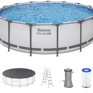 Bestway Steel Pro MAX 15' x 48" Above Ground Pool, Round Metal Frame Outdoor Swimming Pool Set with Filter Pump, Ladder, and Cover, Gray