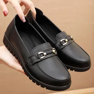 Women's Black Leather Loafers – Slip-On Dress Shoes with Metal Buckle, Breathable Soft Sole, Comfortable Flats for Work & Everyday Wear