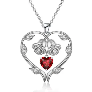 Emma Manor 14k White Gold Overlay 5A Heart Cubic Zirconia Eternal Rose Heart Pendant Necklace for Women