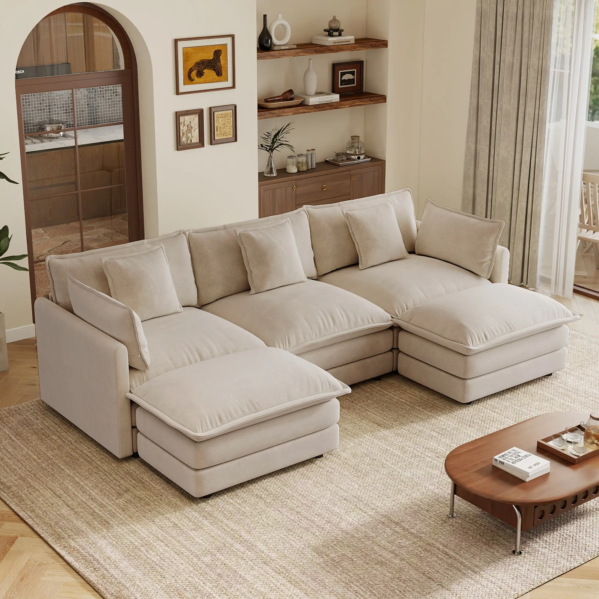 【Sub 3 packages】Niccae U-Shaped Sectional Sofa with Reversible Ottman,3-seater Sofa with 2 Ottmans,Modern Minimalist Soft Sofa Couch for Living Room,Light coffee Chenille