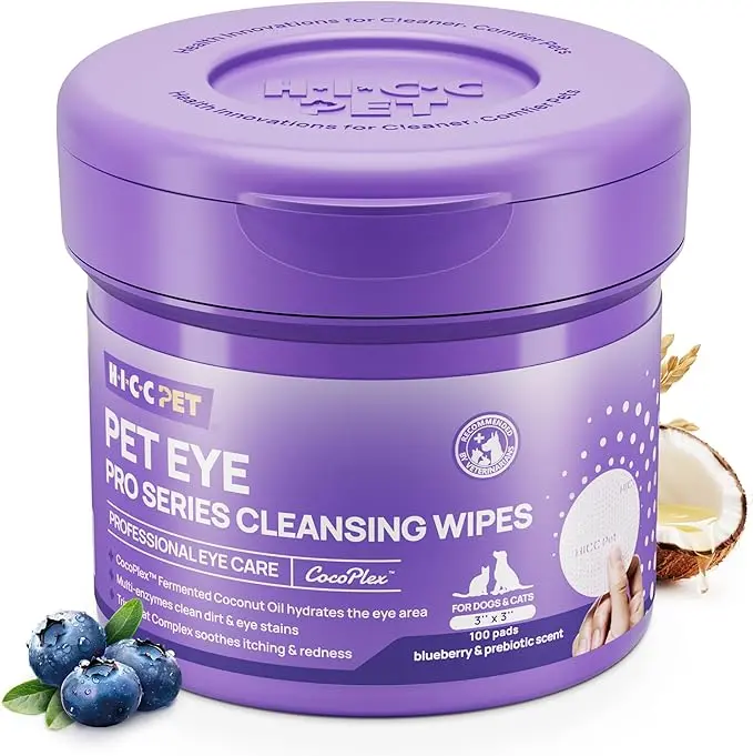 HICC PET Eyes Cleaning Wipes for Dogs & Cats, Upgraded Pro Version, Dog Eye Cleaning Wipes, Hypoallergenic, Remove Debris, Mucus, Discharge & Crust - 100 pads, Blueberry