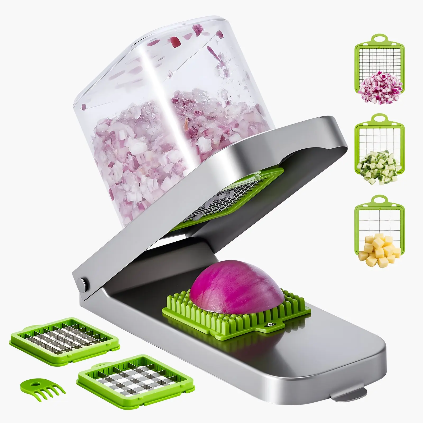 VEVOR Vegetable Chopper, Food Veggie Cutter with 3 Stainless Steel Blades, Onion Slicer with Container, Salad Potato Dicer Kitchen Gadgets Essentials Home Appliances Tools for Easy DIY, Silver