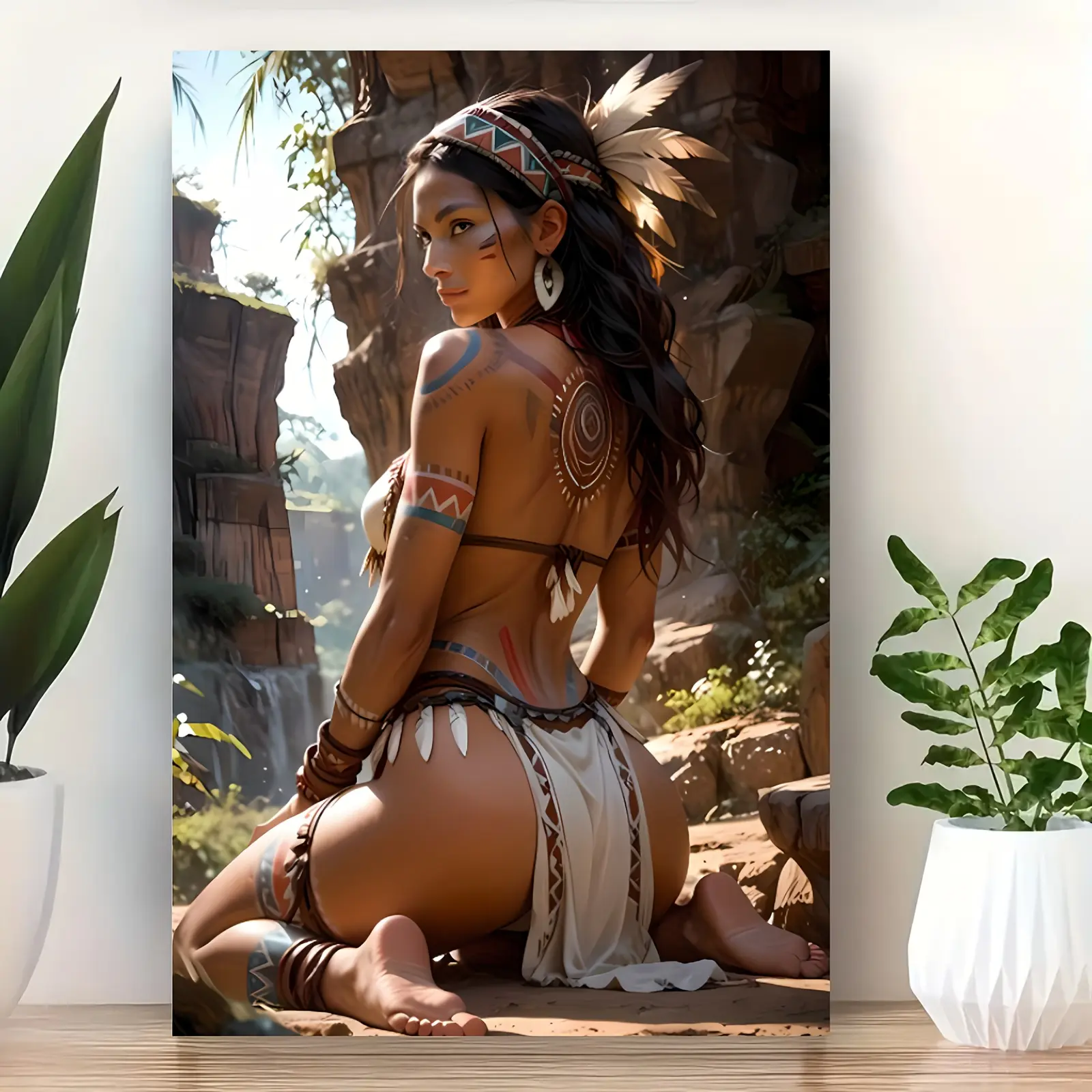 Artistic Pine Wood Wall Artwork - 1-Piece Hand-Stretched Framed Square Home Decor, American-Themed Graphic with Native American Women's Clothing Beautiful Illustrations, Indoor Decoration for Living Room, Bathroom, Women's Clothes