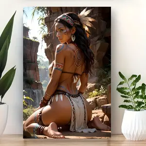 1 Piece Pine Wood Framed Hand-Stretched Artwork - Native American Tribal Women's Clothing Illustrations Wall Art, Indoor Decoration for Living Room, Bedroom Hanging Decoration