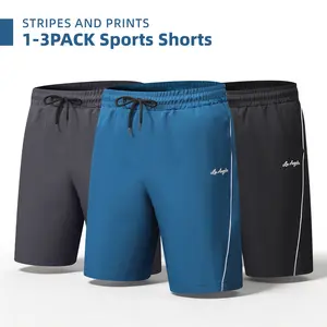 Men's 1–3-pack athletic casual shorts, quick-drying and breathable, drawstring elastic waistband, handwritten letter print, side contrast stripes, suitable for summer casual running, outdoor activities, and fitness.