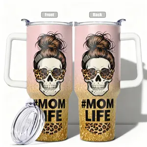 1pc, 40oz/30oz/20oz/14oz Stainless Steel Cup Mom Life Skull with Leopard Double Wall Vacuum Insulated Cup, Leakproof Lid & Carry Handle Travel Mug for Outdoor Camping Hiking, Gift for Dad, Mom, Stainless Steel Thermos