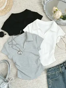 3 PCS Polo Collar V Neck Crop Tops for Women, Y2K Aesthetic Short Sleeve Ruched Slim Fit Tops, Comfort Soft Stretchy Casual T-Shirts,Coquette Outfit, Perfect for Daily Wear, School, Shopping, Date Night, Sweet Feminine Style for Teen Girls, Gen Z