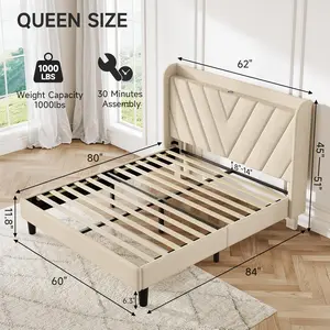 Queen Bed Frame with Headboard, Adjustable Upholstered Platform Bed Frame with Type-C&USB Ports, Wingback Storage Headboard, Solid Wood Slats Support, No Box Spring Needed, Beige