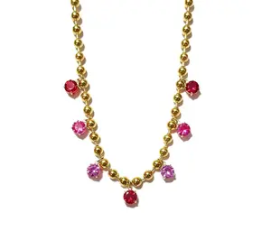 Pink Mix Beaded CZ Drop Necklace Water Resistant
