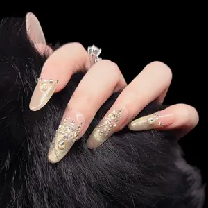Luxury Champagne Gold Rhinestone Press-On Nails | Nude Glitter Long Oval Nails Tipora 132